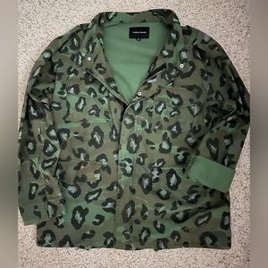 Army green jacket with black and green leopard print